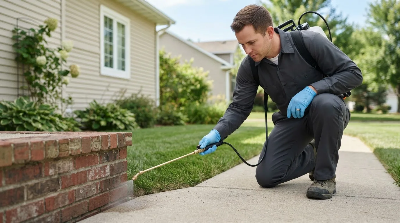 Pest control technician treating a home near Windthorst, TX